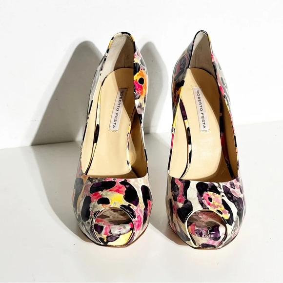 New Roberto Festa Peep toe patent multicolor print platform heels pumps size 36 - Picture 3 of 6
